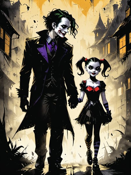 bold artwork,creative use of shadows and textures to create an image using negative space,masterful use of limited colors to create an image of bold contrasts,inventive and whimsical use of camera angles to give new perspective to illustration,"the joker and harley quinn holding hands",1boy,1girl,<lora:Dark_Novel:0.8>,, glow effects, godrays, Hand drawn, render, 8k, octane render, cinema 4d, blender, dark, atmospheric 8k ultra detailed, cinematic, Sharp focus, big depth of field, Masterpiece, 3d octane render, 8k, concept art, trending on artstation, hyperrealistic, extremely detailed CG unity 8k wallpaper, trending on CGSociety, Intricate, High Detail, dramatic