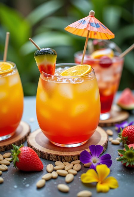 Tropical Cocktail Spread: Showcase a vibrant spread of tropical cocktails garnished with fresh fruit skewers, colorful umbrellas, and edible flowers, evoking a sense of paradise.
,aidmafluxproultra, aidmaHyperrealism,aidmaimageupgrader