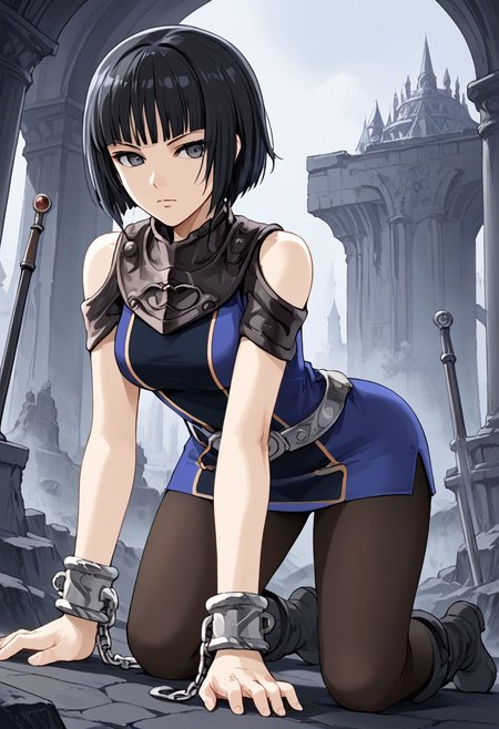 score_9,score_8_up,score_7_up,source_anime,5_figner,2d_animation,game cg,BREAK,1girl,solo,
Millennia,short hair,bob cut,black hair,lunt bangs,knee boots,chain,pantyhose,belt,short dress,bluedress,expressionless,weapon,armor,cuffs,handcuffs,all fours, put both hands in front,pov,from side,
medium breast,
indoor,underground Palace,black smoke,
masterpiece,best qualit,ultra-detailed,illustration,an extremely delicate and beautiful,beautiful detailed eyes,unity 8k wallpaper,high resolution,anime CG,official_art,