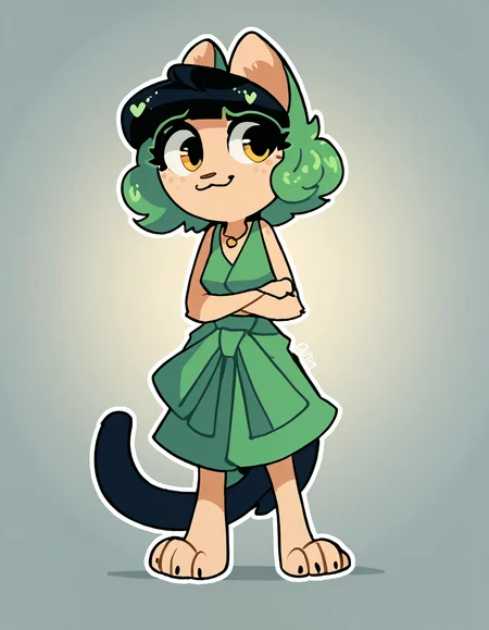 solo, 1girl, 
 <lora:Sourpuss:1>  sourpuss, freckles, green hair, two tone hair, multicolored hair, animal ears, cat ears, cat tail, tail,               clothes around waist, barefoot, green hoodie around waist,, score_9, score_8_up, score_7_up, score_6_up, score_5_up, score_4_up,  lazypos, lazyup, masterpiece,best quality,amazing quality,, <lora:The-Minuscule-Task_PDXL_v1.0:0.6> <lora:PDXL_artist_tags_v2_big:0.5> by remanedur,<lora:JayrnskiStyle:1> JayrnskiStyle, source_furry, toony, outline, white outline,