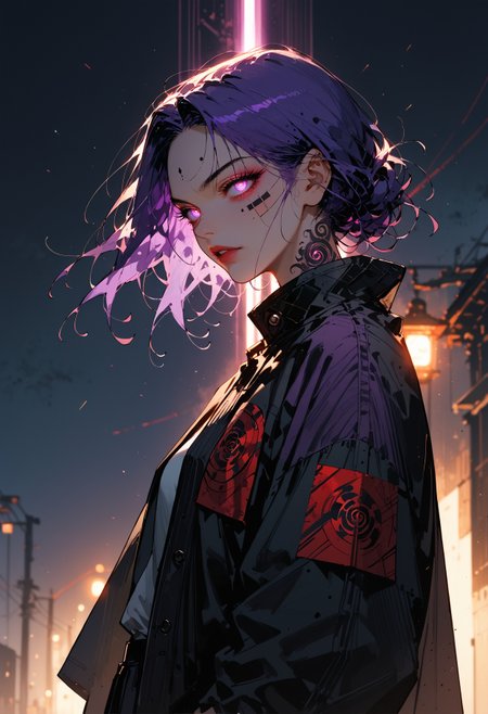 score_9,score_8_up,score_7_up,score_6_up, solo, anime, 2d, cowboy shot, 30 year old woman, purple haired woman, eternal goddess in the cosmos, comic style, dark, neon lights, inked art style, glowing eyes, high contrast,dark theme, Sinozick Style, environmental lighting, dark, backlighting, rating_explicit, flat colors, <lora:Sinozick_Style_XL_Pony:0.6> <lora:lora-sdxl-perfect-eyes:0.7> <lora:Fant5yP0ny:0.6>