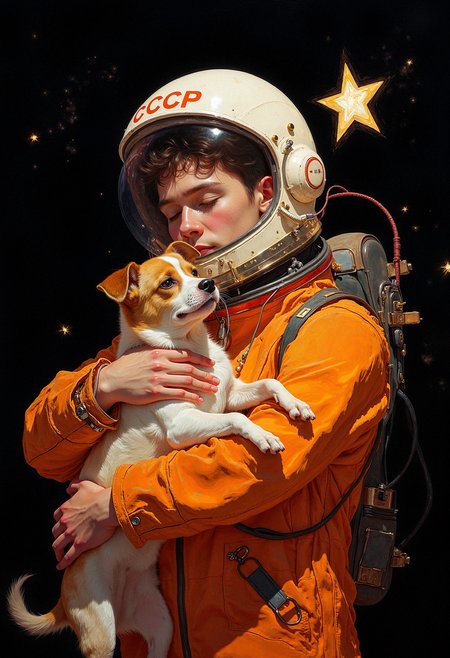A human figure in a Soviet-era spacesuit with a white helmet, marked with "CCCP" in red letters on the front, standing in front of a black starry background. The figure is dressed in a bright orange astronaut suit with visible seams and zippers, tightly hugging a small dog, a white and brown Laika-like breed. The human's face is visible through the clear visor, with a neutral and slightly softened expression. Both the human and the dog are positioned in the lower part of the image, with the dog looking up at the human, creating a subtle emotional bond between them. The helmet has a glossy finish, with soft reflections, and the overall lighting is soft and evenly distributed. The stars in the background are bright and scattered, with one large star glowing prominently to the right, adding a sense of depth and space. The style is hyper-realistic with crisp details on the astronaut suit, dogâs fur, and the reflective elements of the helmet.   <lora:FLUX-daubrez-DB4RZ:0.93> DB4RZ, DB4RZ style painting, <lora:ARTifacts:0.66>