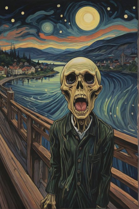 Edvard Munch's "The Scream" rendered in a Post-Punk style. The tormented figure on the bridge is surrounded by dreamlike,  distorted elements of the landscape,  creating an even more haunting and otherworldly atmosphere <lora:is_pretty:1> is pretty <lora:detailed_notrigger:1> , alien like figure, black eyes, bold, big head, holding a mic,