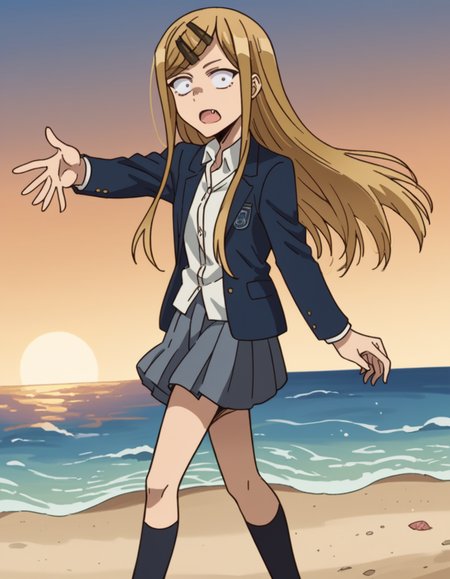 score_9, score_8_up, score_7_up, source_anime, <lora:saya-endou-s2-ponyxl-lora-nochekaiser:1>, saya endou, long hair, blonde hair, hair ornament, brown eyes, hairclip, fang, wide-eyed, constricted pupils, sanpaku,, skirt, shirt, hair ornament, school uniform, jacket, pleated skirt, socks, blazer,, beach, sunset, walking along shore, footprints in sand, waves, peaceful, , looking at viewer, hand reaching out, solo,, cowboy shot, dutch angle