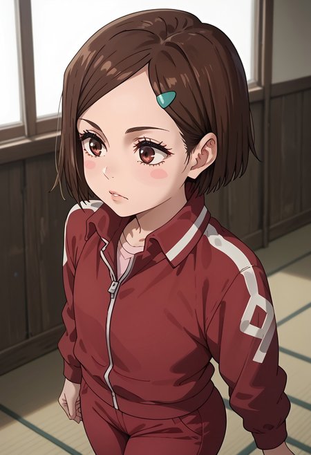 anime artwork, score_9, score_8_up, score_7_up, score_6_up, score_5_up, solo, perfect eyes, detailed eyes, beautiful female, detailed face, dynamics lines, 20 year old, perfect beautiful face, long eyelashes, sharp eyes pupils, room, (above view), side view, flat chest, wide hips, hips,,1 girl, nobara, brown hair, short hair, blue hair clip, brown eyes, blush stickers, red track jacket, red pants,