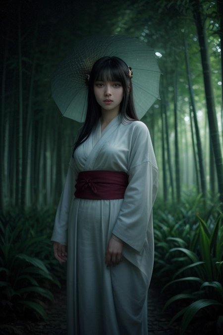 1girl, hyuuga hinata, purple eyes, white eyes, blunt bangs, black hair, hime cut, very large breasts, looking at viewer, fringe,konohagakure symbol, headband around neck ,solodynamic ink painting of a bamboo grove of japan, black and white,monochrome, great art, great sense of depth, ground level shot, the most beautiful bamboo grove in the world, bamboo leaves shining through rainwater, moon\(pale blue\) with a light overcast, beautiful woman\(ancient Japanese noble, beautiful kimono, beautiful long black hair\) looking up at the moon holding an umbrella,raining softly, fireflies flying around, bamboo leaves are placed three-dimensionally in the foreground, long distance shot
score_9, score_8_up, score_7_up, score_6_up, score_9, score_8_up, score_7_up, score_6_up, cowboy shot, <lora:sdxl_lightning_8step_lora:1>    <lora:breasts++-PD-breast_bags-1.0:1>    <lora:HerrscherAGGA2024_Polo_Shirt_V1:0.6>   <lora:GirlfriendFNF_PDXL:0.8>
