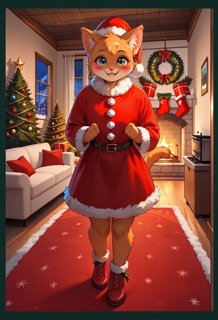 score_9, score_8_up, score_7_up, high quality,  (  fluffy little kitten in love, orange fur, fully clothed santa outfit:1.3)    ((happy)),  flushed red cheeks, green eyes,    full body view,( overview:1.1),         eyes looking at viewer,     christmas border around image,   chrlib, scenery, indoors, living room, night, oven, christmas tree, christmas ornaments, red carpet