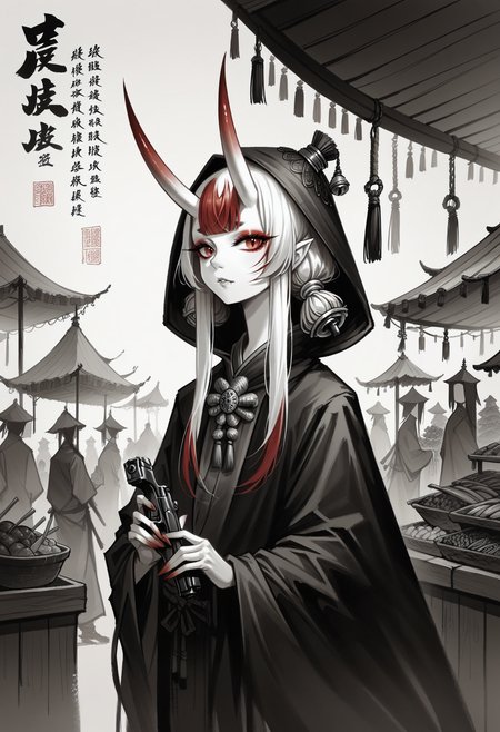 score_9, score_8_up, score_7_up, score_9, <lora:cllgrphy_pdxl_EliPot:1>,
monochrome, chinese text, 
1girl, solo, solo focus, 
monster girl, oni girl, gradient skin,  pale skin,  red eyes, white  skin, oni horns, blunt ends, red eyes, eyeshadow, hair bell, two-tone hair, white hair, red hair ends,
rapier, feathered hat, cloak, musketeer tabard, pistol,
market, bazaar,