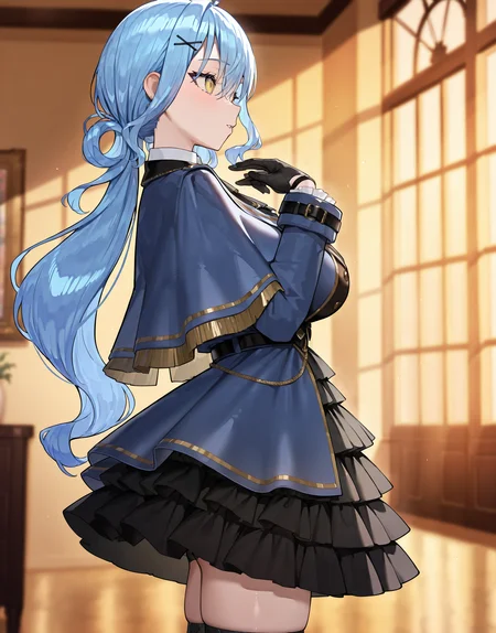 masterpiece, perfect quality, best quality, absolutely eye-catching, absurdres, highres, newest, 1girl,  <lora:namijifreesiaIllustriousXL:1>, namijifreesiapolice, jacket, capelet, frilled skirt, from side,