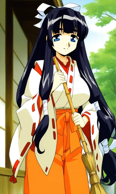 general,highres, ultra-detailed,very aesthetic,best quality ,best hands, BREAK <lora:Yamagami_Shino_Final_romance4_Ver2.0_IS:1>
Yamagami_Shino, 1girl, solo, very long hair, blue eyes, black hair, large breasts, bangs,  very long hair, hair ribbon, sidelocks, low-tied long hair,
miko, japanese clothes, hakama skirt, ribbon, orange hakama, 
long sleeves, holding broom, bamboo broom, wide sleeves, looking at viewer,
outdoors, ribbon-trimmed sleeves, smile, red hakama, standing, day, cowboy shot