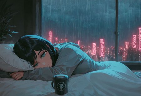 score_9,score_8_up,score_7_up,score_6_up, 1girl, 
 sitting in bed next to a large window, holding coffee cup, steaming coffee cup on windowsill, wearing croptop hoodie, black croptop hoodie, long hair, black hair, low ponytail hairstyle, pov from outside, view from putside the window looking into the room, looking out window, head resting on pillow laying on the bed, hoodie, plants on the windowsill, looking out the window, looking at viewer, background is the bedroom, tidy bedrrom, small room, cramped bedroom, teddies on the bed,, wearing legging, see through thights, black tights, cyberpunk city view out of the window, raining outside, heavy rain outside, neon light, purple neon lights, cat on the bed, pet cat in the room, pet cat sleeping on the bed