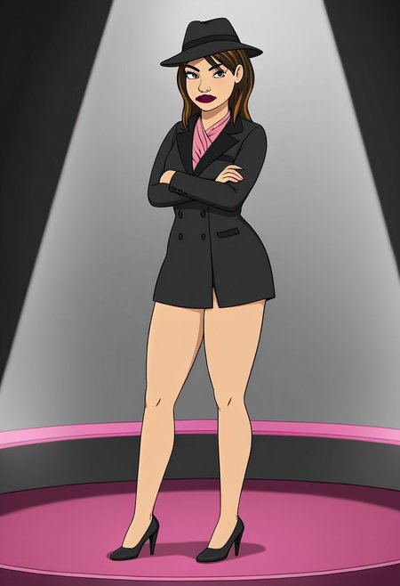 1girl, gina_cazador, solo, brown hair, makeup, black fedora, black blazer, pink blouse, sheer thighs, black high heels, standing, looking at viewer, arms crossed, stage, indoors, spotlight