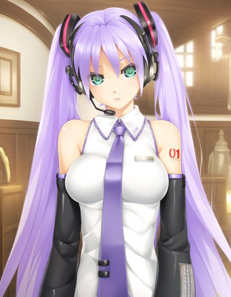 kannagi yuuri, light green eyes, very long hair, large breasts, hatsune miku \(cosplay\), purple necktie, purple hair, headset, detached sleeves, bare shoulders, tattoo, indoors, parted lips, solo <lora:Biman Adam-000063:1>