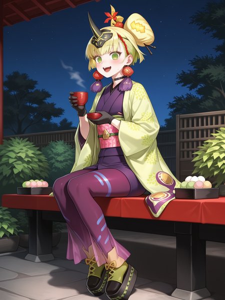 no-p.u.n.k. deer note,1girl,wagashi,solo,open mouth,sitting,holding cup,cup,smile,looking at viewer,teeth,:d,full body,blush,red hair ornament,purple tassel earrings,black choker,black gloves,black horn headpiece,green haori,purple sleeveless kimono,pink sash,pink see-through long skirt,black platform footwear,purple thighhighs,garden,night sky,ringed eyes
masterpiece,best quality,amazing quality,very aesthetic,absurdres,newest,<lora:No-P.U.N.K. Deer Note illusXL v1:0.75>,