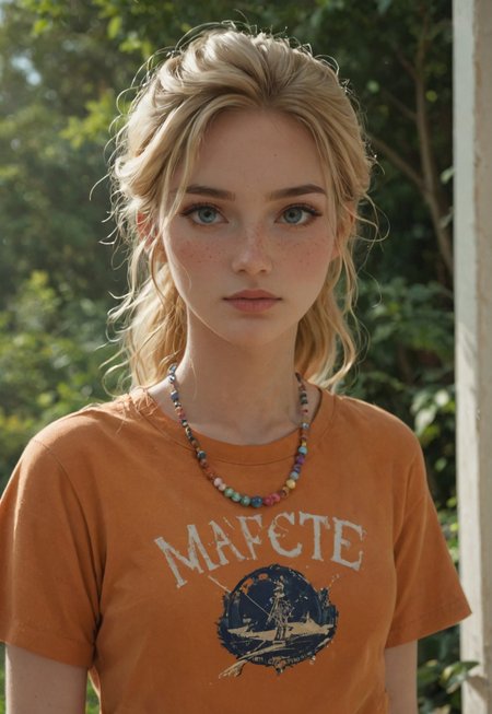 safe_pos, score_9, score_8_up, score_8_up, 1girl, 20yo white caucasian girl, Annabeth Chase, freckles, girls frowning, (frowning), (blonde hair), long hair, ponytail, small breasts, orange shirt, camp shirt, beaded necklace, narrow hips, athletic, toned source comic book, pastel colors, high res image, masterpiece, girls hands behind back, looking at viewer, mouth closed, (high contrast, cinematic lighting, anime screenshot, uncensored, (masterpiece), (best quality), (ultra-detailed), very aesthetic, illustration, perfect composition, intricate details, absurdres)