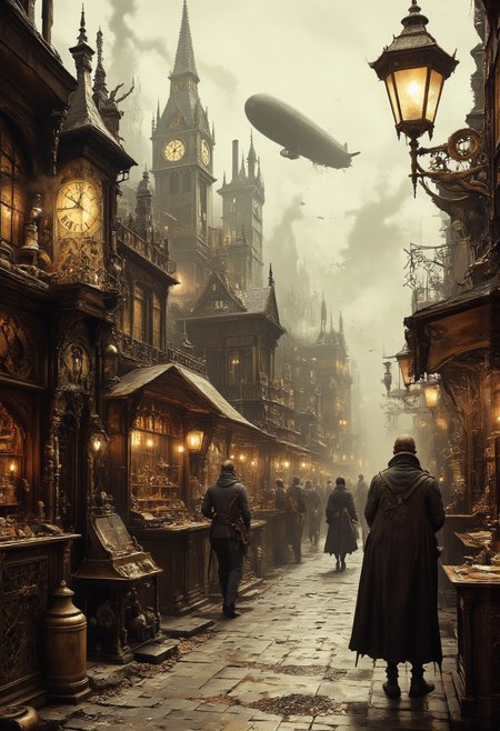 Photograph a bustling steampunk marketplace filled with brass and copper stalls, each adorned with intricate gears, cogs, and riveted pipes. Steam rises from various contraptions as vendors showcase mechanical trinkets, ornate goggles, and clockwork automata. The cobblestone streets glisten under warm amber light from gas lamps, while towering chimneys in the background emit wispy trails of steam. Airships hover in the hazy, sepia-toned sky, adding scale and grandeur to the bustling scene.