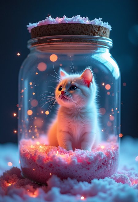 galaxy environment, Capturing A whimsical, a small kitty, winter spring wind rainbow a sprinkle of edible glitter in an unopenable dream magical jar, trippy, 8k, vivid, ultra detalis, colorfull lighting, surreal photography, portrait,