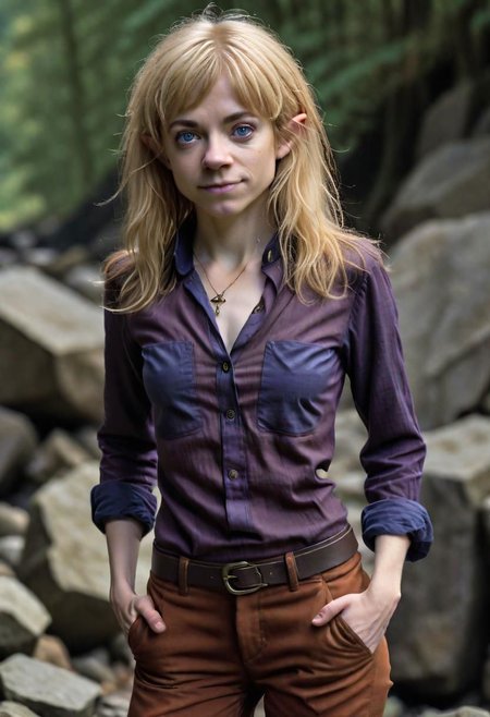 photo of pale (Age 19) female (halfling:1.75), (flat chested, rectangle body shape), (shaggy blonde, middle part), blue eyes, ((Dark purple)/(Dark Orange) masculine shirt/pants), homely, tiny, petite, thin, toned, lithe, full body, outdoors, HDR