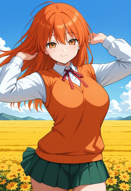 mx-13_serio, orange eyes, orange hair, long hair, school uniform, orange sweater vest, neck ribbon, white shirt, long sleeves, green skirt, <lora:HMX-13_Serio_illustrious_ver1:0.8> 
smile,, masterpiece, best quality, general,, 1girl, solo, (field:1.2), (blue sky:1.2), looking at viewer,, (cowboy shot, dynamic pose:1.4),