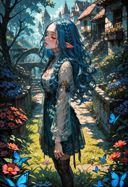 score_9, score_8_up, score_7_up,  solo, 1girl, elf princess, pointy ears, blue hair, braided, posing, cute pose, joyful, lace lingerie, stockings, garter belt, wavy hair, see-through sleeves, flower short dress, outdoors, romantic, garden, flowers, butterflies, moonlight, surreal, fantastical, dynamic angle, from above, side view,  <lora:cr33pp41ntXLP:0.8> cr33pp41nt <lora:Expressive_H-000001:0.8> expressiveh,   <lora:sinfully_stylish_SDXL> <lora:Pony_DetailV1.0>