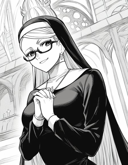 score_9, score_8_up, score_7_up, source_anime, <lora:seiko-ayase-manga-ponyxl-lora-nochekaiser:1>, seiko ayase, long hair, large breasts, monochrome, greyscale, earrings, glasses, hair bun, semi-rimless eyewear, under-rim eyewear,, <lora:traditional-nun-ponyxl-lora-nochekaiser:1>, traditional nun, nun, habit, long sleeves, dress, black dress, jewelry, black veil, cross, cross necklace,, church, smug, praying,, , dutch angle, cowboy shot