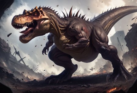 score_9, score_8_up, score_7_up, muscular dinosaur, T-rex, full body, open mouth, sharp large teeth, spikes on the head and back, four spikes on the tail, tyrannosaurus, attack, large-caliber guns on the sides of the body,