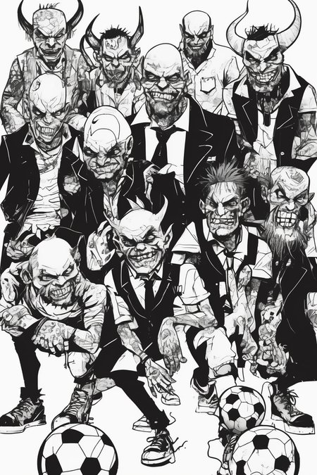 Jim Mahfood Style - Black and white line drawing thick bold lines graphic novel style street art Jamie Hewlett - wide shot - a team of five villainous possessed demonic football plays - exaggerated proportions - varying heights - wearing full football kit - powerful - intimidating - look like villains - smug, confident evil smile - full body visible - pure white background - voodoo elements