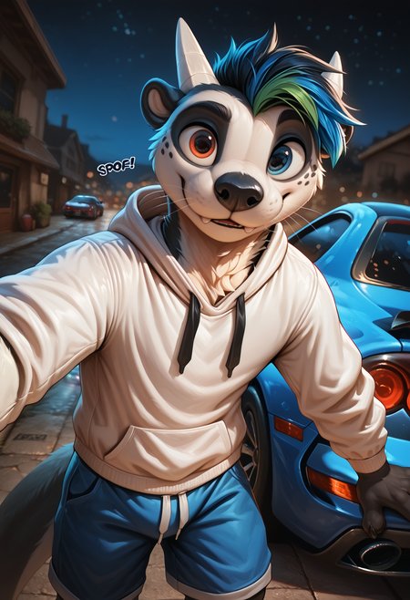 photorealism, photorealistic, detailed fur, chromatic aberration, depth of field, blurry background,   looking at viewer, dutch angle,    male, (dragotter:1.2), otter, black body fur, white head, adult, small ears, claws, heterochromia, horns, furry, anthro, solo, 2fangs, (sound effect:1.15), 4 fingers, blue shorts, white hoodie,   seductive, Toyota Supra, car, leaning over car, standing, drive, night, headlights,   (syuro:0.8), (nomax:0.5), (honovy:0.6), (kenket:0.6), (taran fiddler:0.6), masterpiece, best quality, amazing quality, very aesthetic, absurdres, newest,   <lora:Dragotter_Illustrious.safetensors:1.0:1.0>