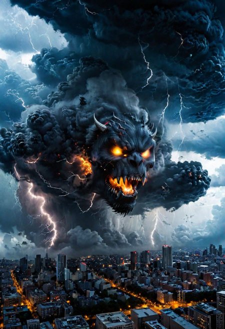 black clouds, rain, lightening, dark, night, ( beast appears from the rolling cloud), The beasts looks down as he towers above the city below,  DEVIL SPAWN