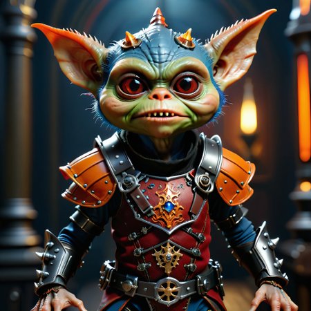 masterpiece, intricate photo of chritmas gremlin in knight armor, vampire clothing, cyberpunk style, steampunk style, gothic art, orange red blue black dress, hyper realistic, highly detailed, sharp focus, best quality, 8K