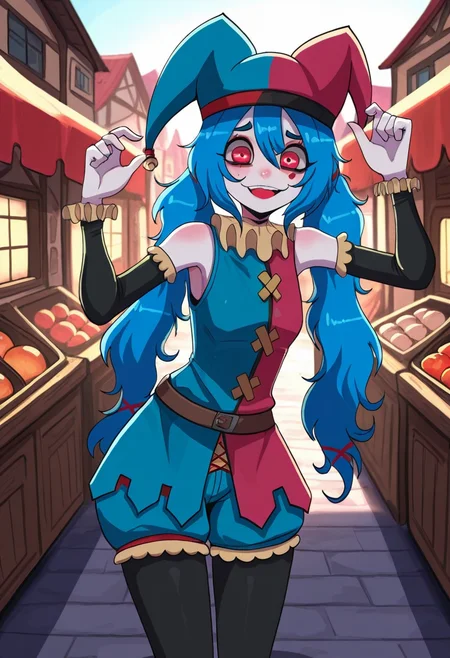 pippipanini, permanent makeup, blue hair, long hair, red eyes, jester, twintail, smile, fun, town, market, shorts, jester hat,
