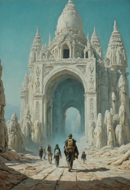 oil painting, rough, textural, broad brush strokes, of alabaster and marble temples on a bleached, faded alien landscape, featuring travellers walking towards the nearest temple,  scifi, futuristic style,
use colors like teal and colors like dark olive and colors like olive