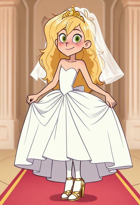 IllusP0s,goldieblox, 1girl, long hair, blonde hair, freckles, green eyes, standing, Perfect Small flat chest natural breasts; Full body, Smile, coy,
Wedding dress, Wedding veil, Golden tiara, Golden high heels sandals, sandals, high heels, wearning Wedding white stockings,
looking at viewer, blush, <lora:goldieblox_IL-000008:1>