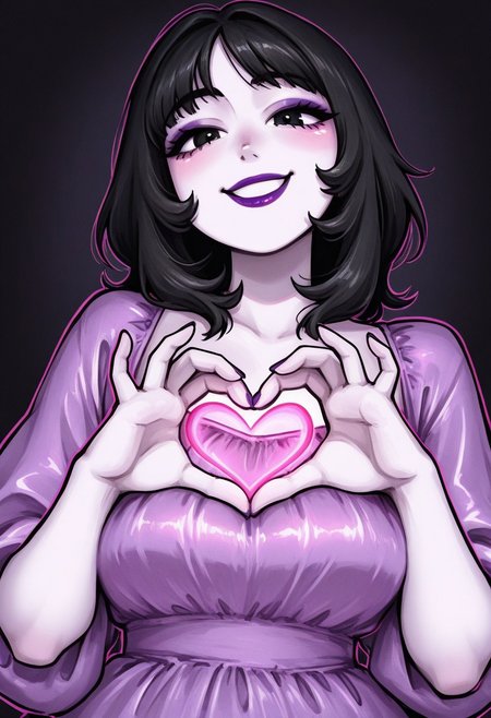 onkinky, 1girl, solo, medium build, medium hair, sfw, safe for work, covered skin, flowy dress,  black eyes, purple lipgloss, smiling, portrait, upper body, heart hands, foreshortening