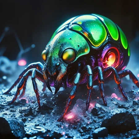 creature focus, full view, very aesthetic, enigmatic and otherworldly scenery on a distant planet, extremely detailed, ultra high resolution, award-winning macro photo, short depth of field, hyper-realistic, ultra high definition, dim lighting, twilight, bioluminescence, subsurface scattering, fractal art, the puny "excessively hostile hargflibberer" is a bizarre and exotic life form roaming the nimblerundy crystalline ice plains of its homeworld "goldgrave viii", its sparkling sturdy exoskeleton is shimmering with iridescent colors under a stoundering tempestuous sky, dappled sunlight, dappled lighting, golden ratio, the color palette is predominantly lime green and obsidian black and dark amethyst purple and wine red, ovg, arsmoviestill, 80s fantasy movie still, <lora:image_enhancer-flux-by_dever:0.64> <lora:style-80s_fantasy_movie-v3-flux-by_arsmachina:0.92> <lora:style-dnd_grainyboyz-romulus-flux-by_kimwithdapuss:0.48>