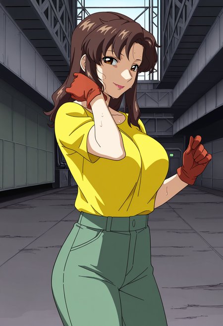 1girl,solo,mm,mature female,brown hair,long hair,brown eyes,lipstick,large breasts,anime coloring, 
yellow shirt,pants,gloves,sweat,wiping sweat,looking at viewer,smile, cowboy shot, outdoors,factory
,masterpiece,best quality,amazing quality,<lora:Murrue Ramius-Gundam SEED ix:0.8>
