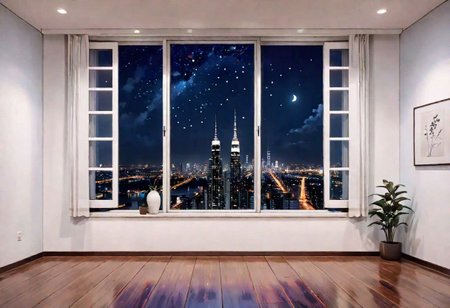 ((((front view)))), Shallow scene, ((animation style)), (((City high-rise building scenery))), ((((City scenery outside the window)))), ((sense of mystery)), (night), starry sky, moonlight, (weak light), (Facing the window), (open window), modern-style interior, Wooden floor, with white walls, (large windows), a living room, sofa and coffee table by the window sill,  (((Sofa placed horizontally))), (Behind the sofa is the window sill),