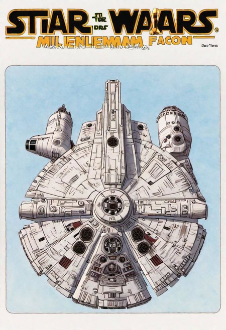 Manga book cover of star wars Millennium Falcon, Akira toriyama style , blank background , full colour, hand drawing