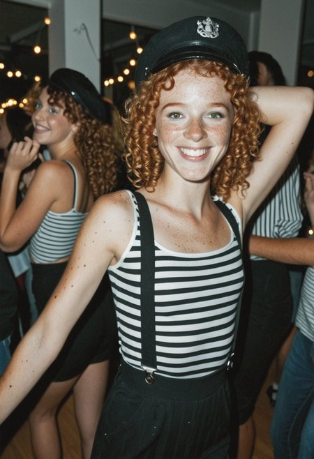 high quality, masterpiece, best quality, realistic, 
1girl, solo, 
cloe_marceau, 18yo, petite, slim, ginger, ginger hair, curly hair, youthful appearance, green eyes, adorable face, freckles, 
ponytail, very small cute butt,
black suspender pants, striped_shirt, black french hat, 
dancing, dynamic poses, flirty, teasing,
subject_focus, high_quality, perfect lighting, standing, masterpiece, adorable face, light_particles, clothed, laughing, at a crowded party, slightly parted lips,  exquisite detail, highres, candid photo