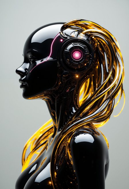 bo-glasscybernetics, A futuristic, cybernetic character with sleek, glossy black and vibrant gold flowing hair, intricately intertwined with glowing golden strands. The character's head is positioned in profile, showcasing an advanced mechanical structure with intricate details, including glowing pink accents in the eye area. The background is a soft gradient of light gray, enhancing the contrast of the character's shiny surfaces. The overall aesthetic is hyperrealistic, capturing textures and reflections that evoke a sense of both beauty and technology. The image conveys a blend of elegance and strength, with delicate light effects highlighting the flowing hair and mechanical features.<lora:FLUX Glass Cybernetics\Glass cybernetics_epoch_5.safetensors:1.0:1.0>