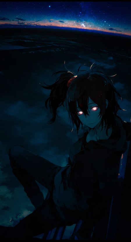 (by j.k.:1.1), by kukka, by keihh,  (cinematic:1.3), blue filter, photorealistic, letterboxed, 
1girl,  roof, depth of field, horizon, perspective, from above, against railing, sitting, head tilt, leaning back, outstretched hand, outstretched leg, looking at viewer, expressionless, messy hair, red eyes, glowing eyes, sky, high side ponytail, 
medium breasts,
dark theme, black theme,
masterpiece, best quality, amazing quality, very aesthetic,
<lora:nhl-004:0.75> nhl-004, <lora:nhl-001-20:0.33> nhl-001,