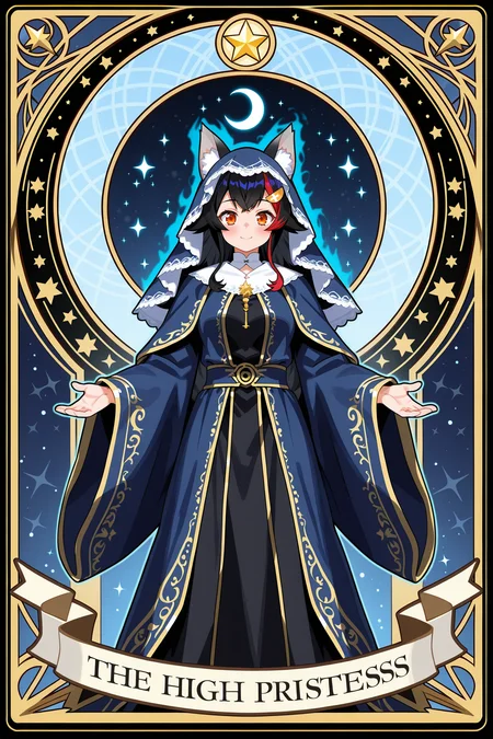 ookami mio,hololive,tarot card,the high priestess,mystical,arcane symbols,glowing moon,ornate robe,blue and silver color scheme,magical aura,long black hair,red eyes,seated pose,veil,crescent moon,ancient book,stars background,gothic,elegant,fantasy art,detailed illustration,symmetrical composition,art nouveau,alphonse mucha style,high detail,digital painting,tarot aesthetics,gold accents,