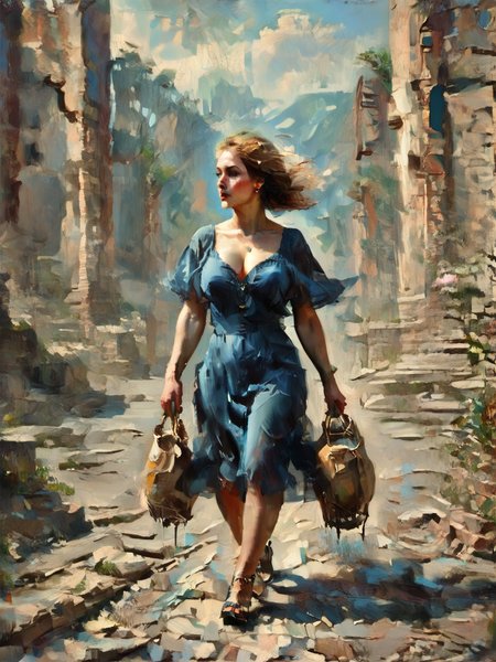 score_9, score_8_up, score_7_up, character in profile, walking, looking at surroundings, woman, pale skin, huge breasts, lollita dress, black dress, lollita fashion accessories, red details, Long white hair, young face, <lora:OilpaintIMP:1> 0cmtr1g, 0cm, 0cm1sc, 4rch, The fall of ancient power, the towers topple, the ruins return, and she remains,highly detailed