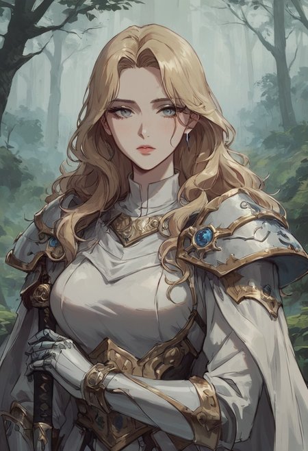 (score_9, score_8_up:1.1), score_7_up, 1 blonde haired woman ( long wavy blonde hair, grey eyes, tired eyes, pale white skin, human, pale skin, seductive look, wearing steel paladin armor, white surcoat, white gold ornamented armor, detailed armor, white cloak, white gold cloak,), close up, half body,   holding a sword, in a medieval forest, (3-frame sketch)