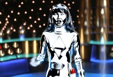 chrome statue of power ranger Trini, long straight hair tucked-behind-shoulders, fringe, alone, helmetless, chrome catsuit, chrome turtleneck collar, chrome gloves belt, large chunky chrome hoop earrings, worried facial expression, gasping, entirely made of chrome, hyperdetailed photography, command centre