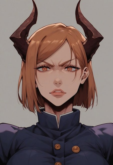 score_9, score_8_up, score_7_up, score_6_up,  demon, horns, crystal skin, large breasts, round breasts,
			source_Jujutsu Kaisen, Nobara Kugisaki, 1girl,
