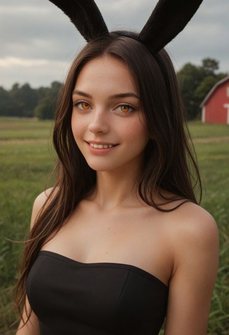 score_9_up, score_8_up, score_7_up, score_6_up, 1girl, 25 years old, perfect face, (adult), sexy,
(three quarter view), detailed face, portrait, face focus, depth of field, looking at viewer, blush, shy smile, close up, 
orange eyes, 
rabbit ears, black ears, 
black hair, long hair, 
black dress, sleeveless dress, strapless, tight fitting, 
farm, grass,
