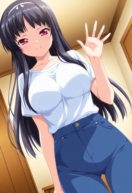 general,highres, ultra-detailed,very aesthetic,best quality ,best hands,best eyes,easynegative,
dynamic anglre, dutch angle, anime cloring,anime screencap,
1girl solo,looking at viewer,smile,waving hand, indoors, bedroom, 
Michika NANASE,black hair,long hair,red eyes,large breasts,,shirt,pants,
