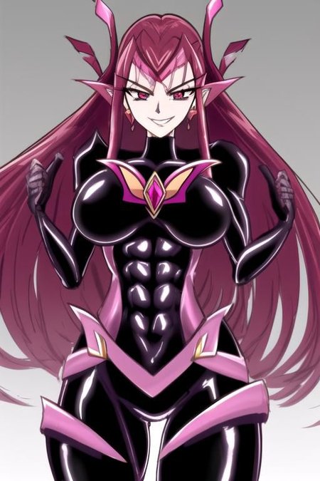1girl, solo, impossible bodysuit, magical girl, DarkPrecure, evil smile, latex, detail, muscular, huge breasts, abs, wide hips, thick thighs