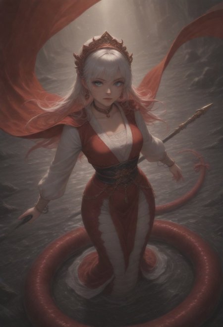 best quality, amazing quality, very  esthetic, newest, scenery, high-resolution, masterpiece, detailed eyes, perfect eyes, realistic eyes, depth of  field, top angle, close up,
long flowing red hair, intense focus, fantasy outfit, candy accents, flowing cape, candy armor, staff weapon, graceful standing pose, mystical battlefield, vibrant cel-shading, bold colors,1girl, lamia, monster girl, white hair, blue eyes, tail ornament, tail, candy headdress, candy choker, candy earrings, tail bow, candy bangle ,loincloth, red scales,((chinese hanfu)),long sleeves, fully clothed, 
bloom, snake style, volumetric lighting,  (fighting stance:0.7).